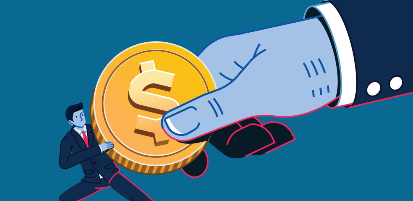 Large hand taking away money from small business