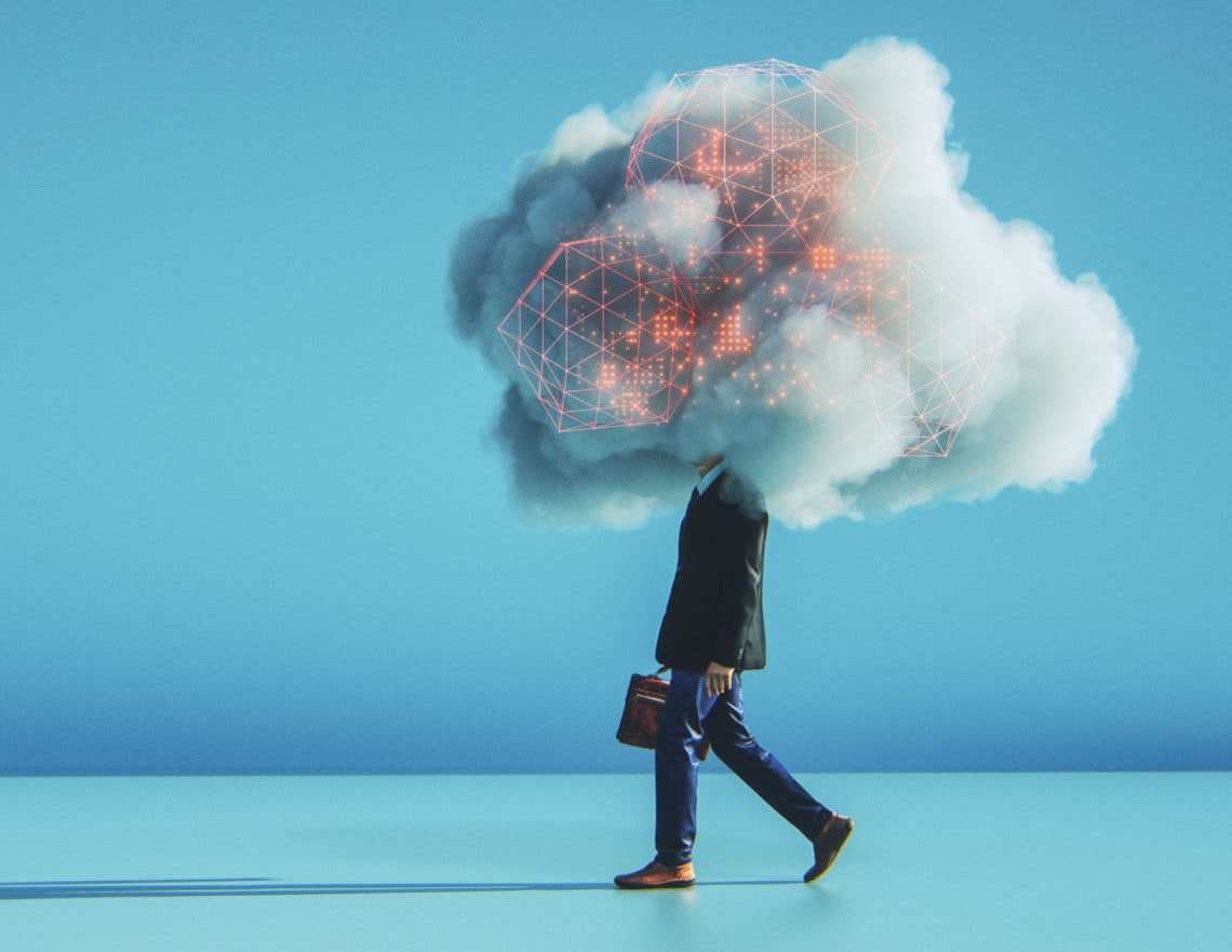 Buisness man with his head in a digital cloud