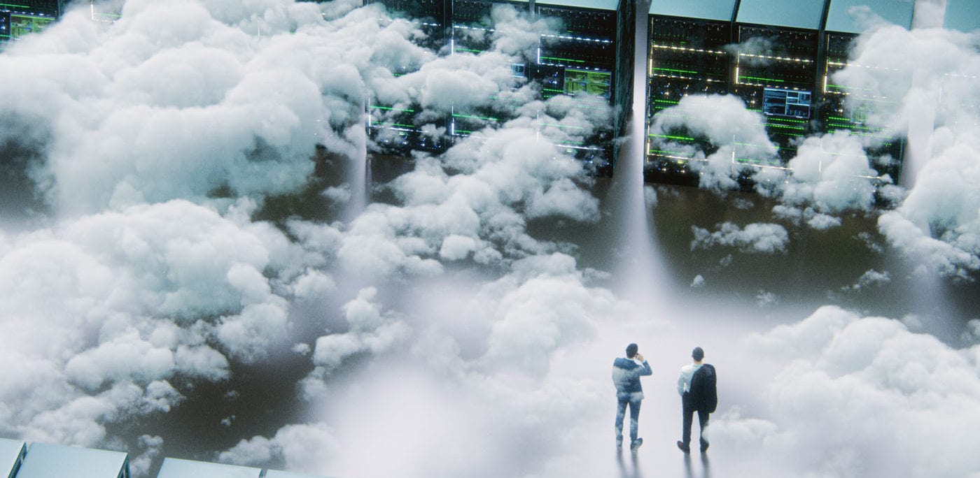 Business people standing among clouds